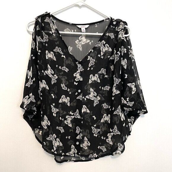 CANDIE'S Black White Butterfly Print Sheer Short Sleeve Cold Shoulder Y2K Blouse - Picture 1 of 10